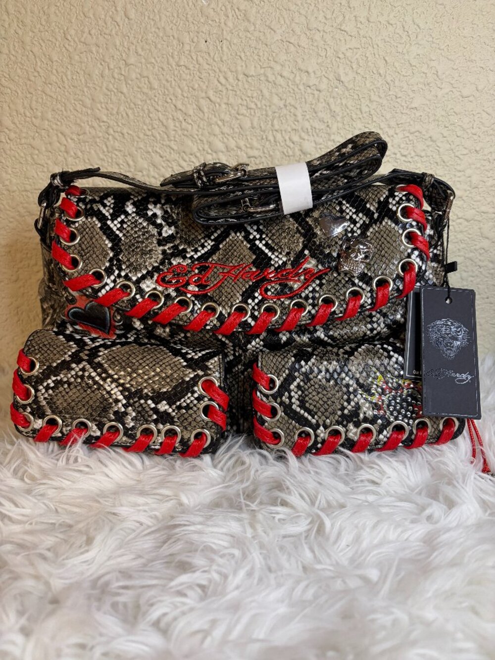Ed Hardy Snakeskin Print Hobo Shoulder Bag Black Gray Red Lace Up NWT